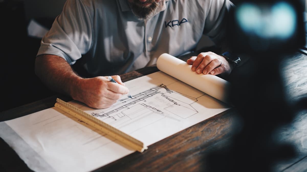 Arquitecto técnico de Decoreformas revisando planos de distribución sobre mesa de trabajo